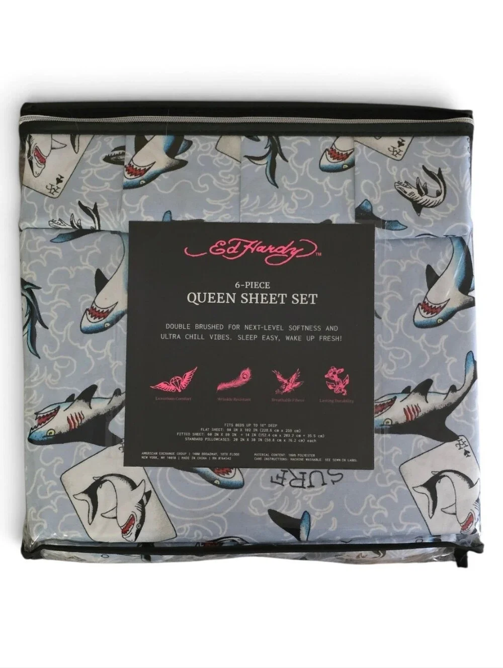 🦈 Ed Hardy 6 Piece Queen Shark Sheet Set